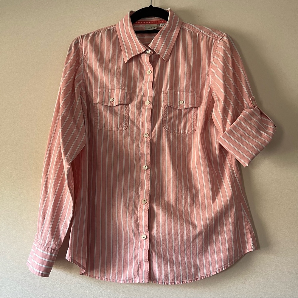 L.L. Bean Pink & White Stripe Camp Shirt with Adjustable Sleeves